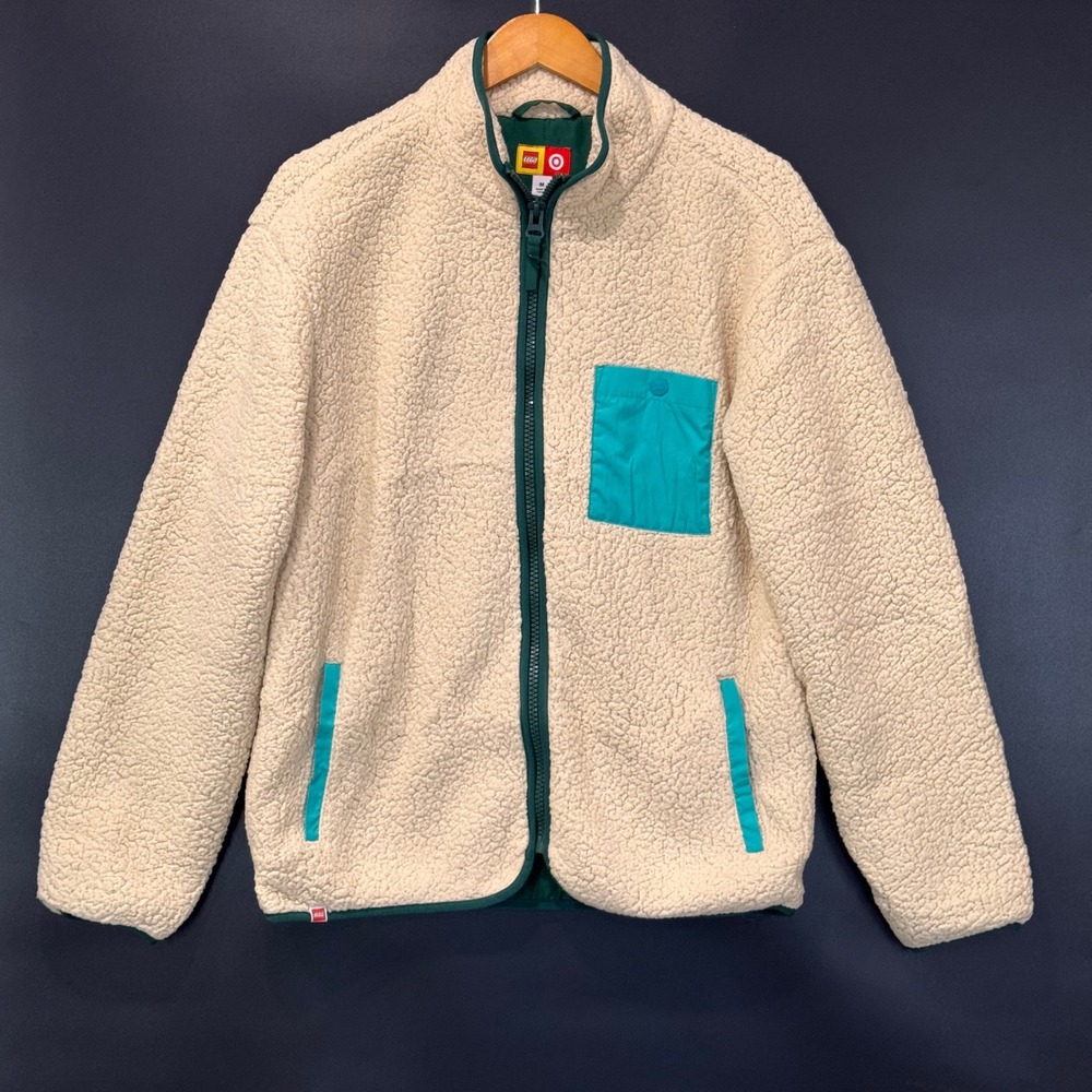 LEGO Jacket Women M Cream Sherpa Fleece Full Zip Teal Pocket Cozy Winter Outdoor